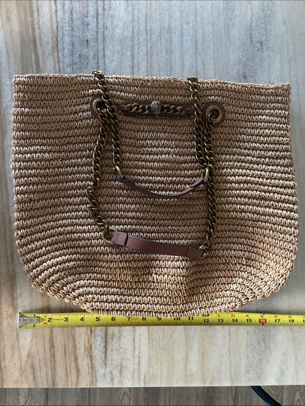 Kurt Geiger Beige Straw Tote with Brown Leather & Gold Chain Handles - Picture 7 of 10